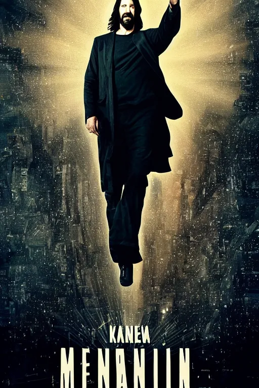 Image similar to Keanu Reeves as Jesus Christ on the cover of a movie poster for a movie directed by Christopher Nolan, movie poster design, Keanu is t-posing, t-pose