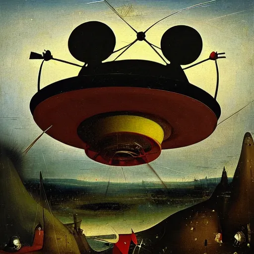 Prompt: Mickey Mouse driving a UFO painted in oil paints by Hieronymus Bosch