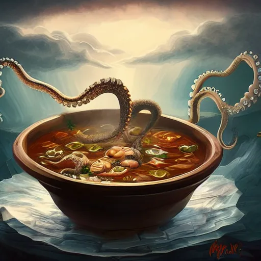 Image similar to octopus cooking soup among clouds fantasy illustration, trending on artstation, deviantart, very realistic, 4k