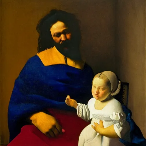 Image similar to Karl Marx as Madonna with child, Renaissance painting, art by Vermeer