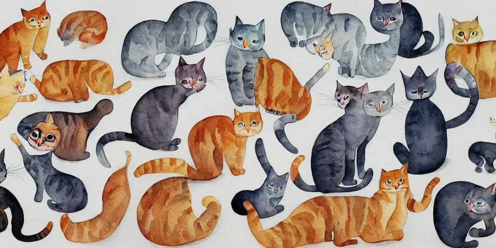 Prompt: group of funny cats select a different type of project before start design production, watercolor illustration