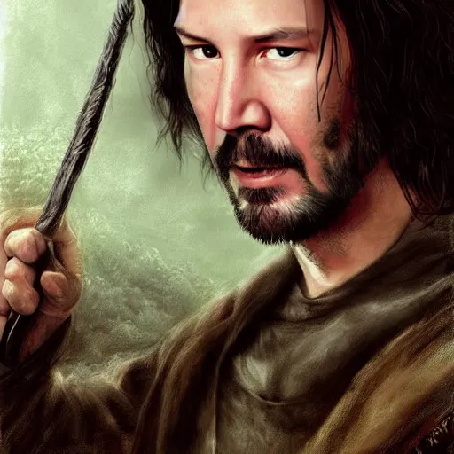 Image similar to keanu reeves as a hobbit ( lord of the rings movie ), digital painting, extremely detailed, 4 k, intricate, brush strokes, mark arian, artgerm, bastien lecouffe - deharme