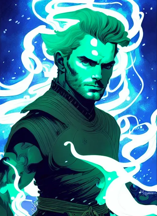 Prompt: style artgerm, joshua middleton, henry cavill as a warrior monk wearing green pelt light armor, blue hair, swirling water cosmos, fantasy, dnd, cinematic lighting