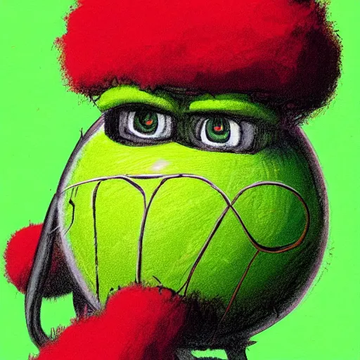 Image similar to a tennis ball monster ,tennis ball, volcano, chalk, digital art, fantasy, magic, trending on artstation, ultra detailed, professional illustration by Basil Gogos
