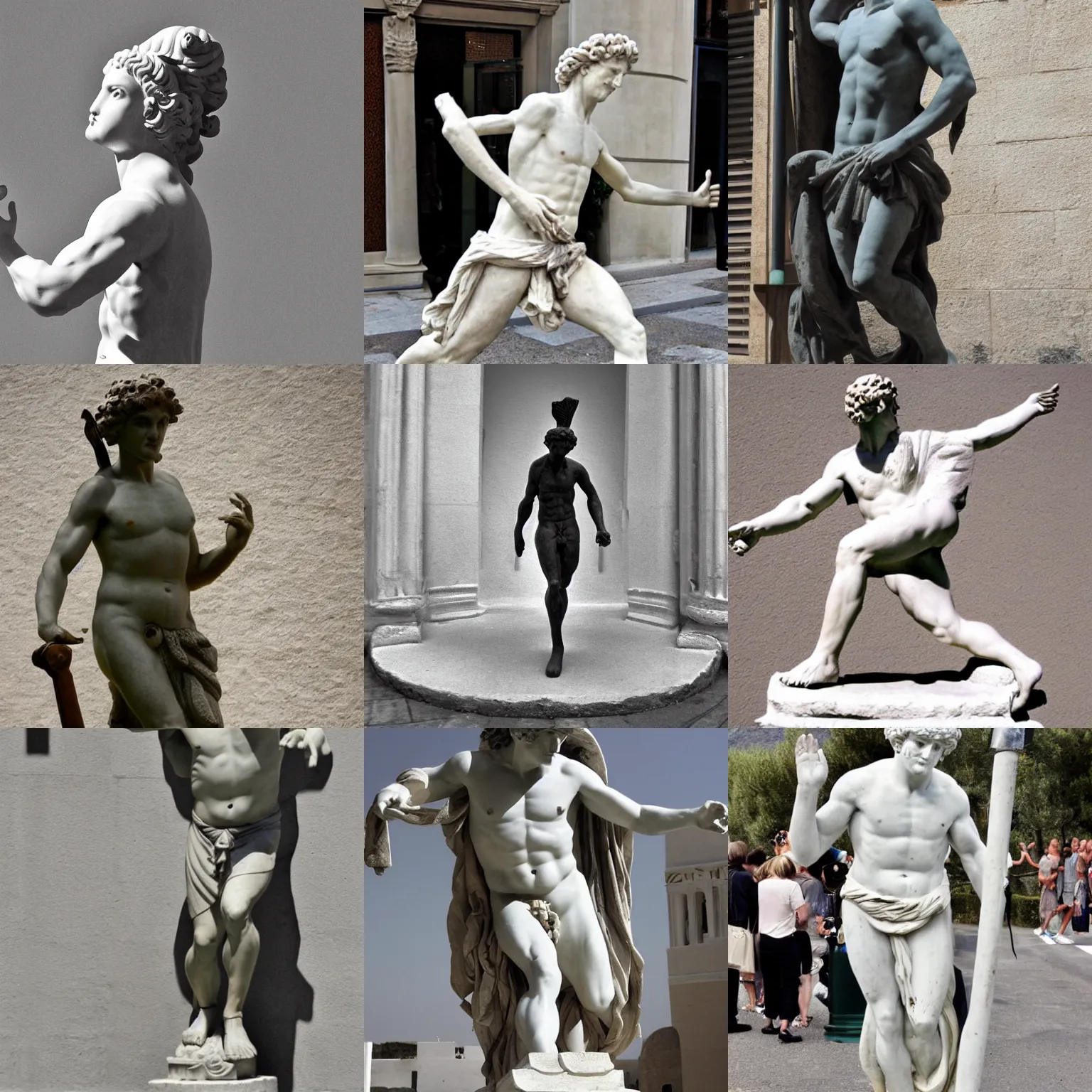 Prompt: a greek statue escaping from the paparazzi