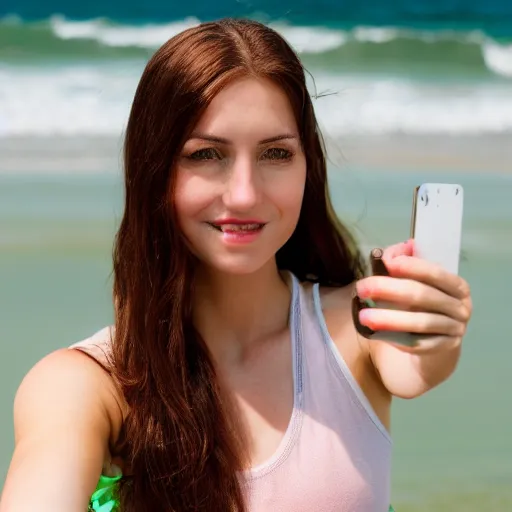 Prompt: Selfie photograph of a cute woman with long shiny bronze brown hair and green eyes, 8k, natural lighting, beach background, medium shot, mid-shot,