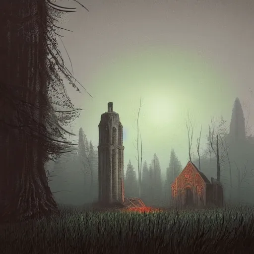 Image similar to monumental old ruins, church, tower of a dark misty forest, overcast, sci - fi digital painting by simon stalenhag