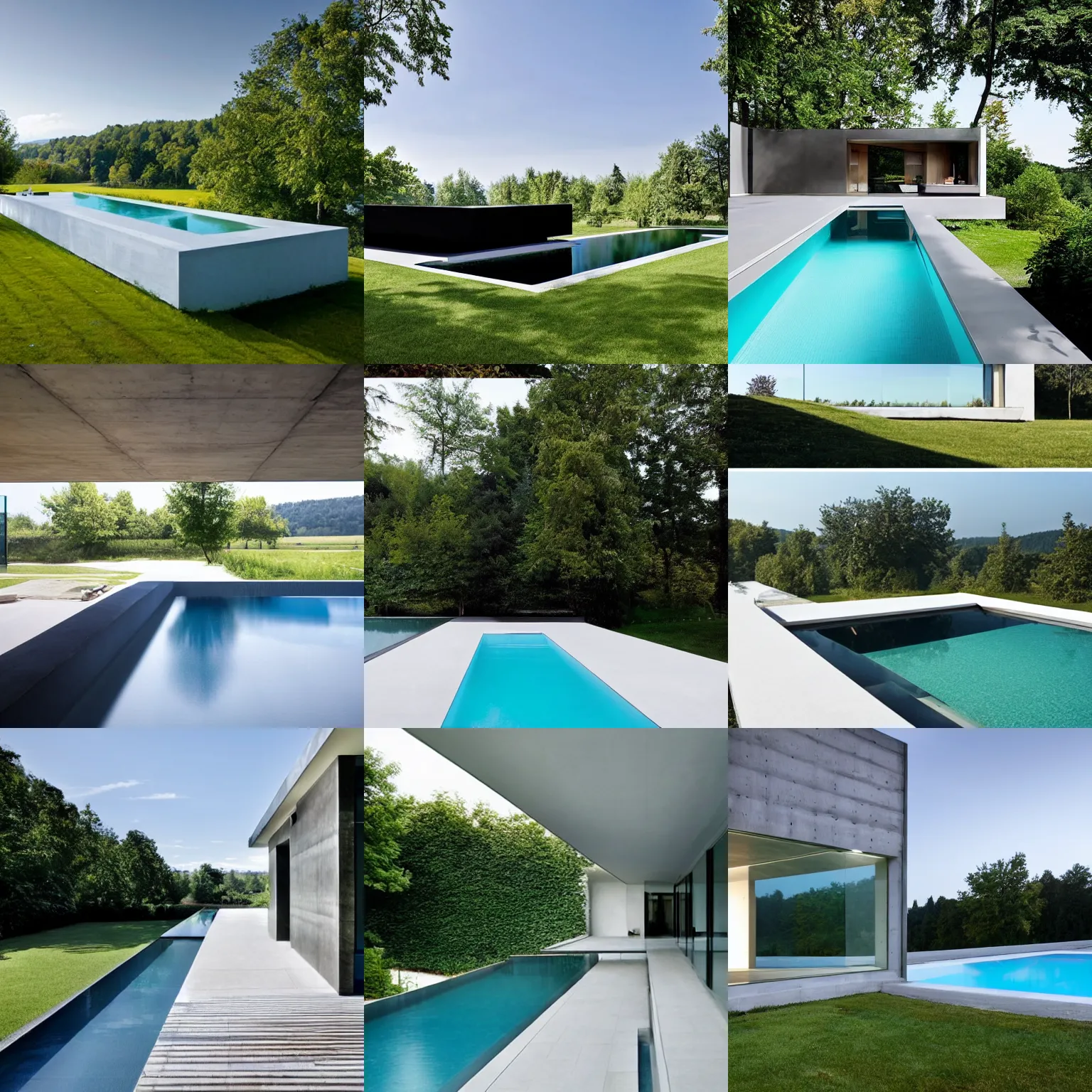 Prompt: a minimalist swimming pool made of glass and concrete on the edge of a bavarian garden hill estate