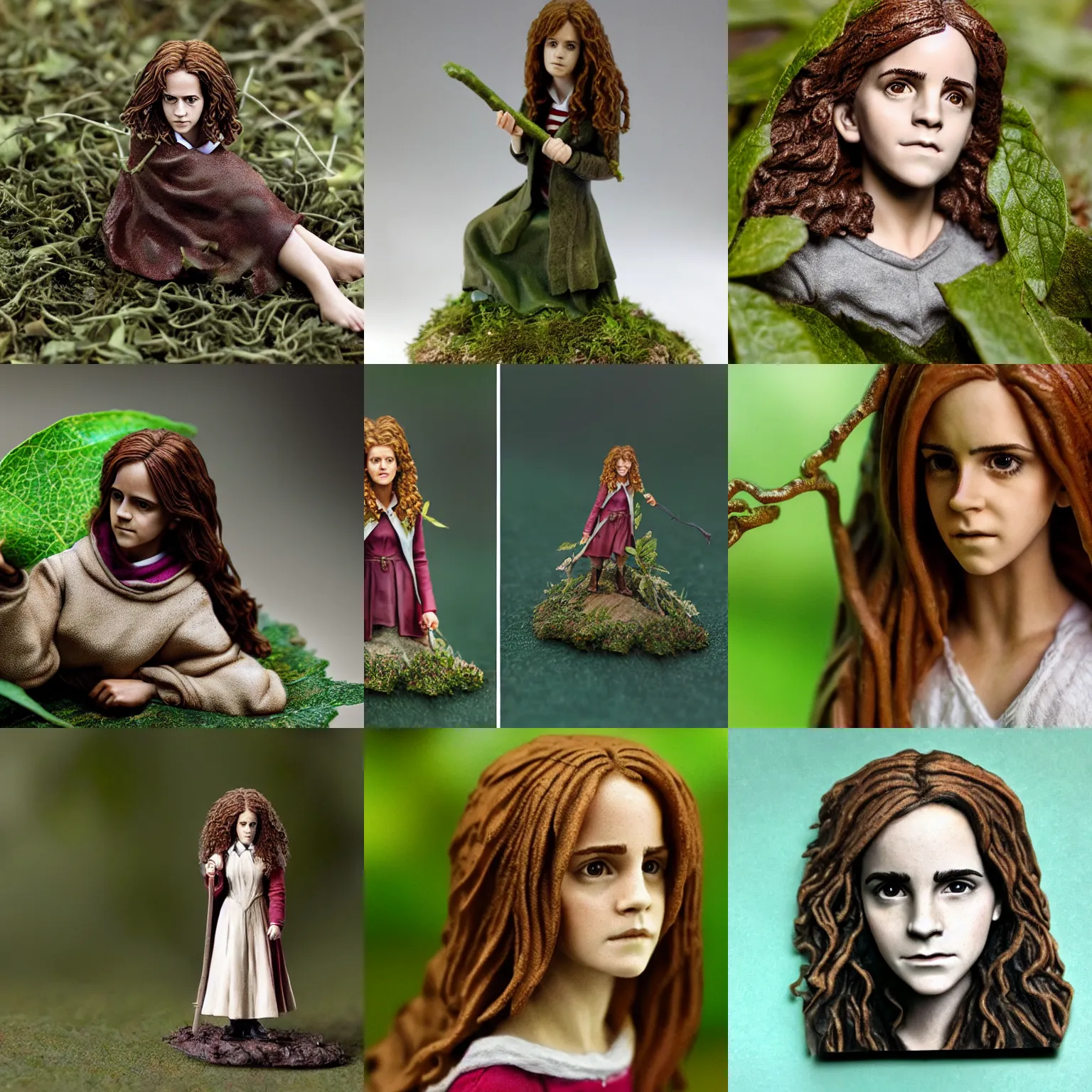 Prompt: Realistic miniature of Hermione Granger/Emma Watson, accurate proportions, sheltering under a leaf, macro photography