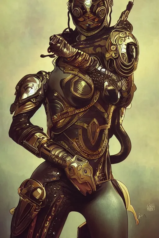 Prompt: art by artgerm and alphonse mucha, ultra realistic illustration, wakandan warrior in a steampunk style armor, hacknaut cyberpunk, sci - fi, fantasy, intricate, elegant, highly detailed, digital painting, artstation, concept art, smooth, sharp focus, illustration.