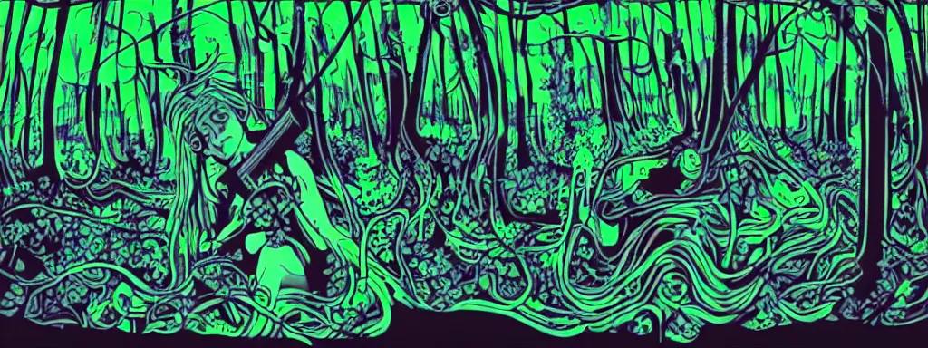 Image similar to a grunge technogaianist long-haired blonde digital musician playing modular synthesizer in the forest, technology and nature swirling in harmony, plugging vines into the synthesizer, trees swaying to the beat, postmodern surrealist concert poster, grainy, hand drawn matte painting by Tara McPherson and Gary Houston, smooth, sharp focus, extremely detailed, 50mm.