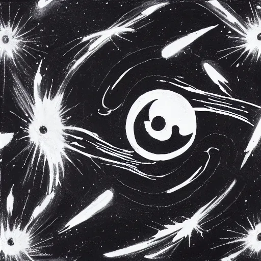 Image similar to a battle tank blasting upwards with yin - yang black and white symbol daoist paint, in a cosmic field