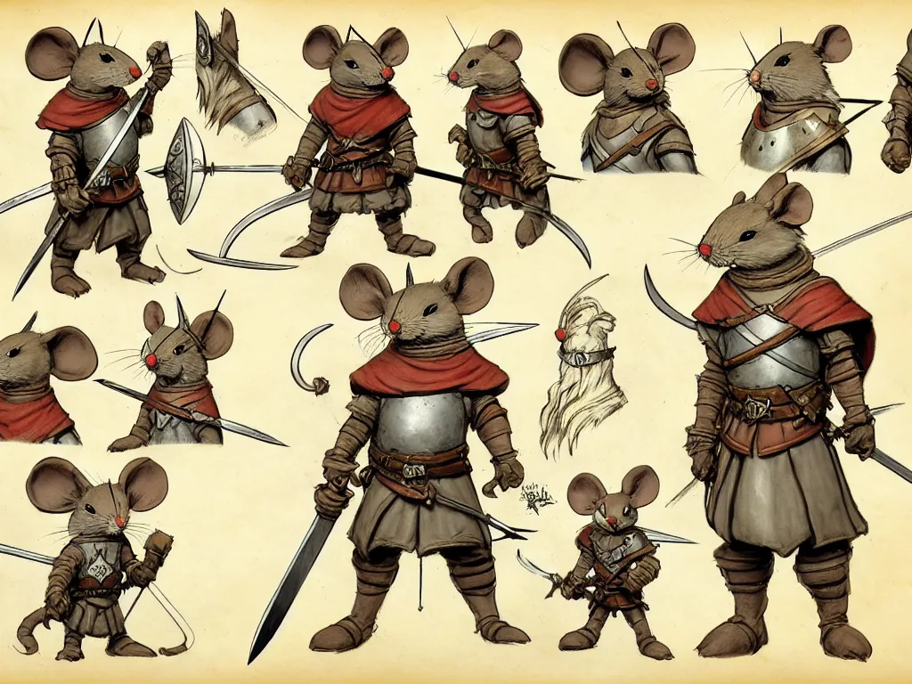 Image similar to character design sheet for a heroic mouse knight wearing a helmet with sword and shield on a parchment background, redwall, greg rutowski and jean baptiste monge, very very detailed, epic fantasy concept art