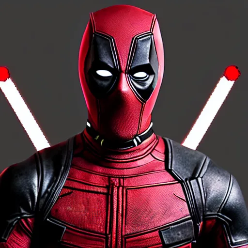 Image similar to full body pose, hyperrealistic photograph of deadpool, dim volumetric lighting, 8 k, octane beautifully detailed render, extremely hyper detailed, intricate, epic composition, cinematic lighting, masterpiece, trending on artstation, very very detailed, stunning, hdr, smooth, sharp focus, high resolution, award, winning photo, dslr, 5 0 mm