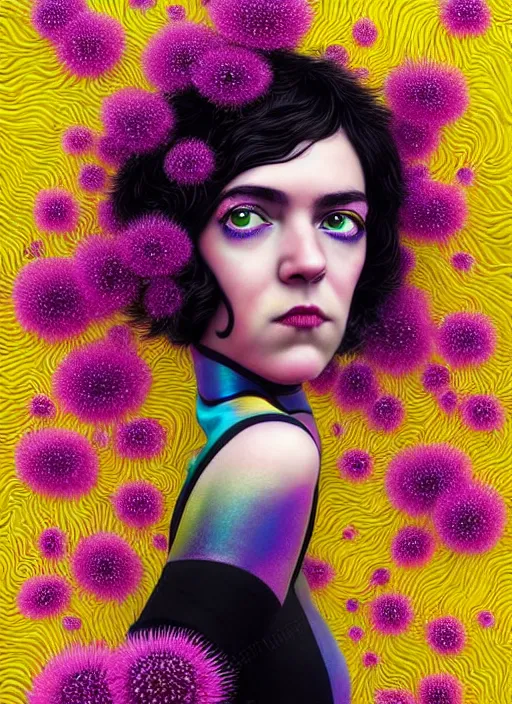 Prompt: hyper detailed 3d render like a Oil painting - Ramona Flowers with wavy black hair wearing thick mascara seen out Eating of the Strangling network of colorful yellowcake and aerochrome and milky Fruit around her neck and Her staring intensely delicate Hands hold of gossamer polyp blossoms bring iridescent fungal flowers whose spores black the foolish stars by Jacek Yerka, Mariusz Lewandowski, silly playful fun face, Houdini algorithmic generative render, Abstract brush strokes, Masterpiece, Edward Hopper and James Gilleard, Zdzislaw Beksinski, Mark Ryden, Wolfgang Lettl, Dan Hiller, hints of Yayoi Kasuma, octane render, 8k