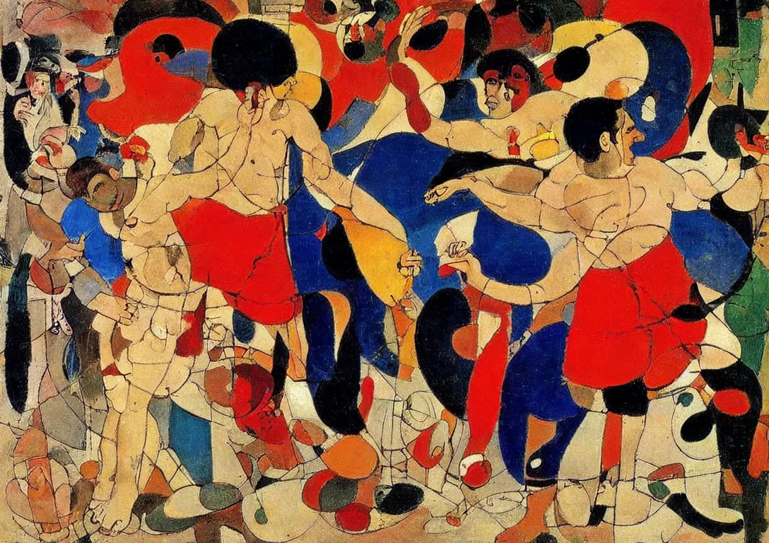 Image similar to a multiracial greek god dancing through the streets of a city, saturated color scheme, sparse detail, by george luks, joan miro and moebius