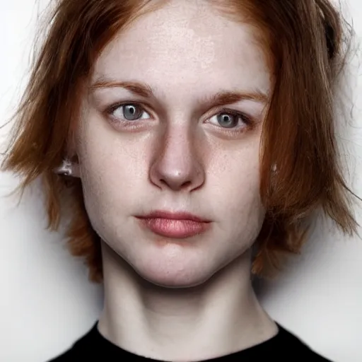 Image similar to an award winning close up portrait of face of cute 1 9 year old white woman with tired eyes, no makeup, strong jawline, skinny, short straight ginger hair in a bob style with no bangs, black t shirt, flash photography, photographed by terry richardson