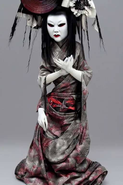 Prompt: porcelain eyeless geisha made by Kris Kuksi and HR Giger