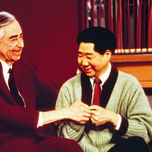 Image similar to mr. rogers and mao zedong pulling a wishbone, color photo.