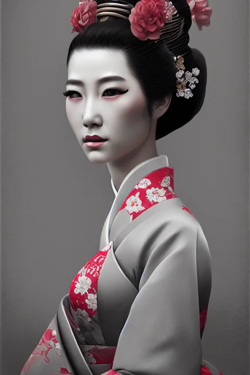 Image similar to A masterpiece portrait of a Incredibly geisha, medium shot, intricate, elegant, highly detailed, trending on artstation, digital art by Ash Thorp