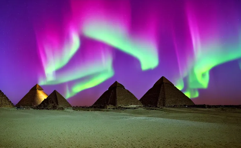 Image similar to The great pyramids with green aurora lights in the sky absolutely stunning