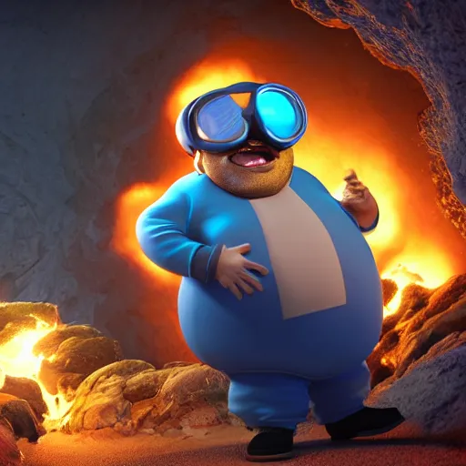 Image similar to highly detailed octane render of a short fat ugly man with a giant beard wearing goggles and a blue jumpsuit is screaming being blown up in an explosion inside a cave