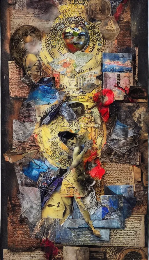 Prompt: analogue mixed media collage with canvas texture, the magician tarot card, masterpiece, perfect composition, spectacular quality, intricate oil details, torn paper, magazine pages