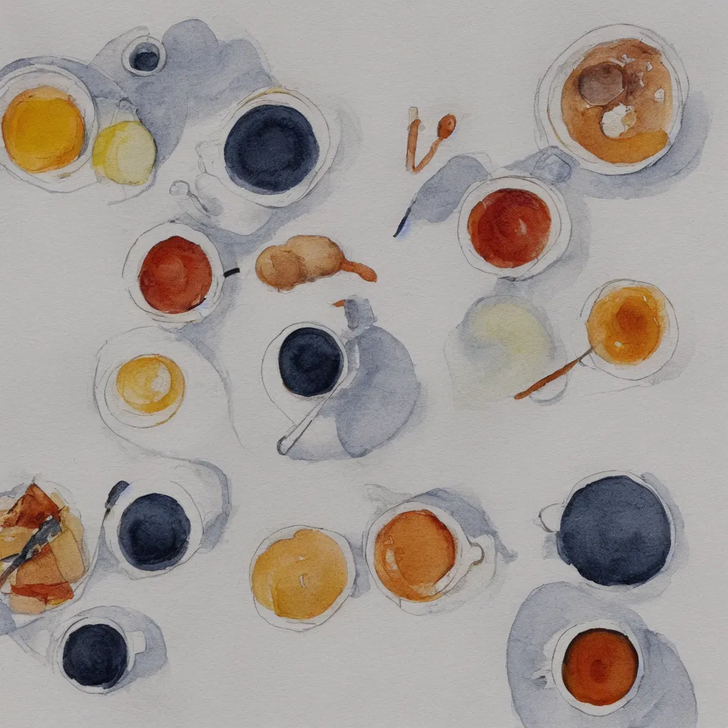 Image similar to a zen breakfast, minimal, water color, very detailed, 4K