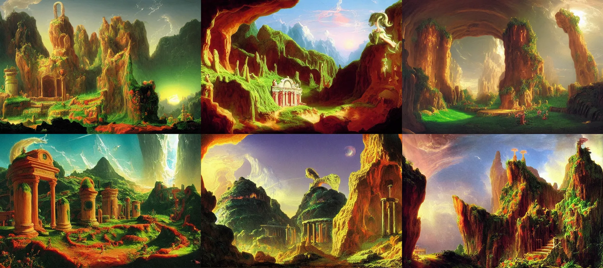Prompt: subterranean necropolis in the style of dr. seuss, starships, painting by thomas cole