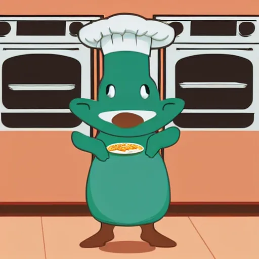 Image similar to cute platypus on a kitchen wearing a chef hat and holding a lasagna into an oven, digital art