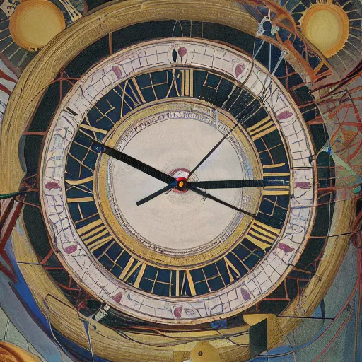 Prompt: painting of massive clock being held up by wires above a room full of people, high detail, zoomed out, complex