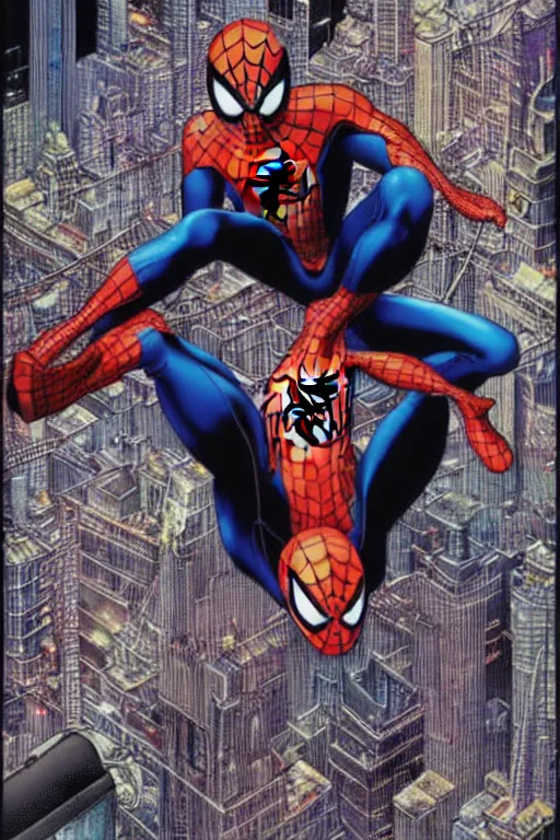Prompt: tobey maguire in a spider - man suit, by yoichi hatakenaka, masamune shirow, josan gonzales and dan mumford, ayami kojima, takato yamamoto, barclay shaw, karol bak, yukito kishiro, highly detailed