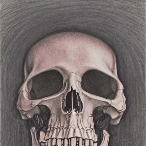 Image similar to a blend of death and life, color pencil drawing, maximalist, black background