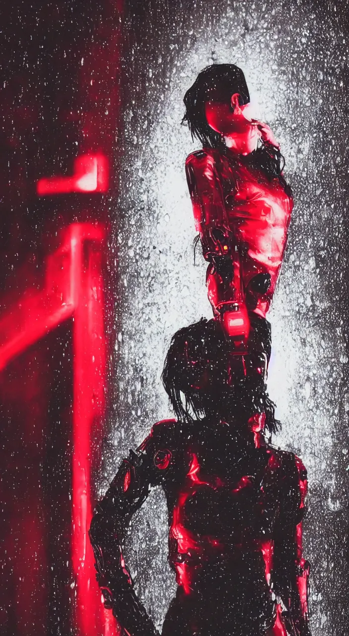 Prompt: woman, android, robot, cyberpunk, short black hair, tattoos, neon lights, hard light, lense flares, glamour, vogue photoshoot, fashion, short dress, red dress, sexy dress, upper body portrait, raindrops, rain, wet, wet fabric, wet make - up, leaky make - up, wet hair, red lipstick