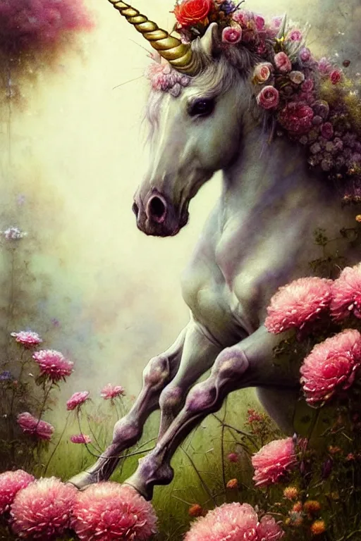 Image similar to a unicorn surrounded by beutiful flowers | esoteric symbolism | jean - baptiste monge, esao andrews, bastien lecouffe - deharme, tim jacobus, ken currie | ultra - detailed realism, soft cinematic lighting, hi - fructose, artstation, high - quality, ink watercolors wes anderson poster art