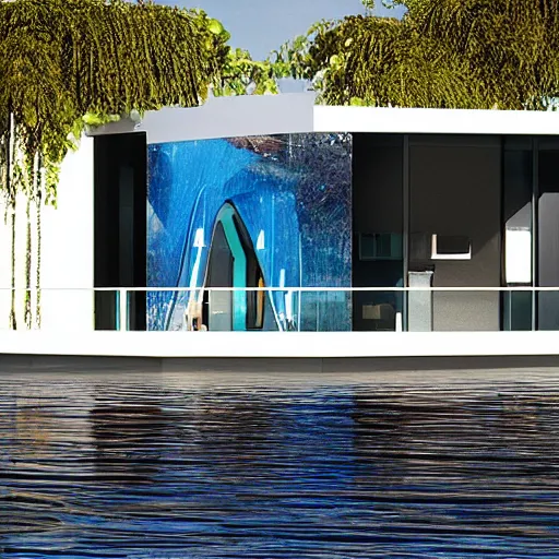 Image similar to ” water floating futuristic house surrounded by water ”