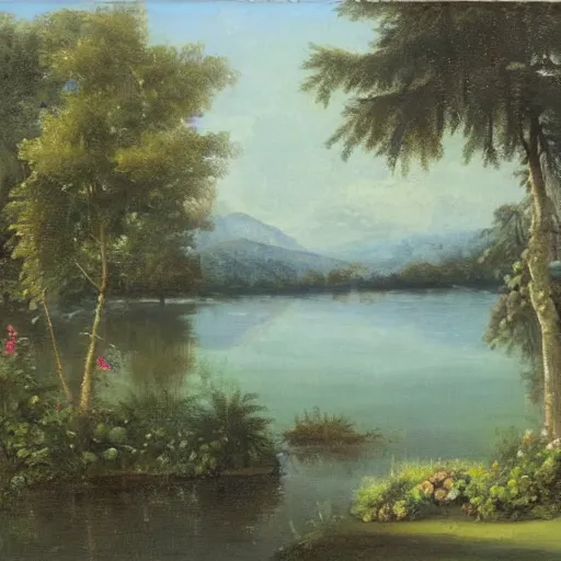 Prompt: painting of a garden in the middle of a lake, tomas sanchez