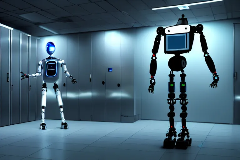 Image similar to full body robot with human face mask, bionical, on wheels, background data server room, neon and dark, illumination ray tracing hdr render in i am robot movie shot