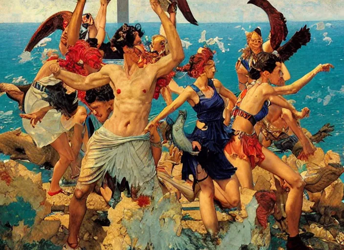 Image similar to harpies attack, greek temple, by norman rockwell and jesper ejsing and tom lovell and frank schoonover