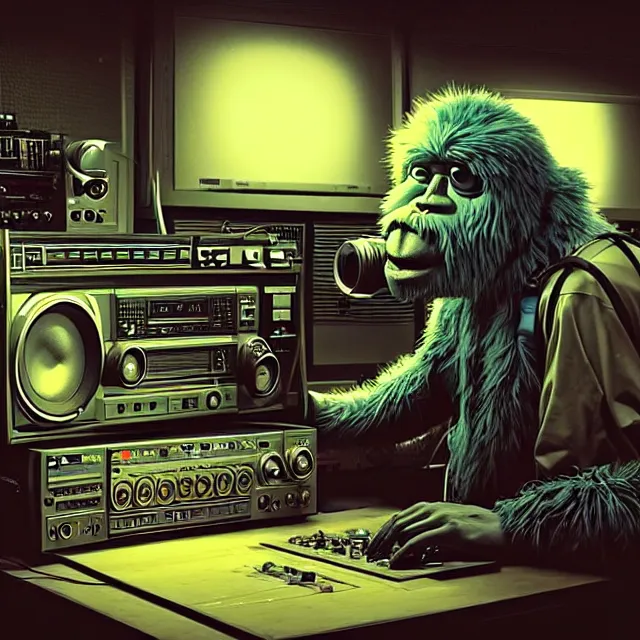 Image similar to a portrait of an anthropomorphic cyberpunk yeti podcasting while working in his secret electronics lab, detailed render, tape deck, studio microphone, boombox, headphones, epic composition, cybernetics, 4 k realistic, cryengine, realistic shaded lighting, sharp focus, masterpiece, by matteo scalera, gary montalbano, peter elson in the style of the tokyo ghost comic