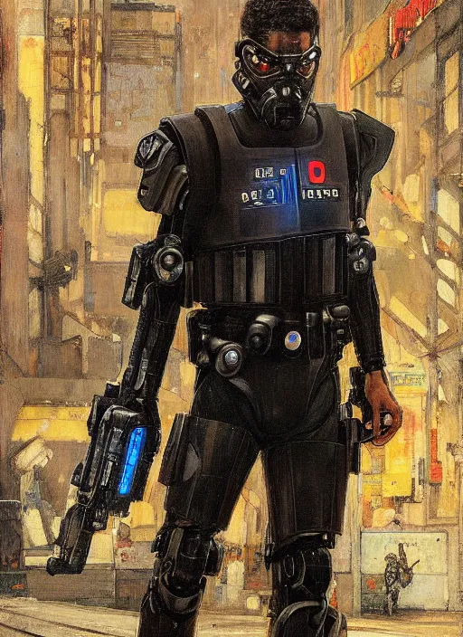 Prompt: Eliezer Nash. Menacing Cyberpunk police trooper wearing a combat vest and towering with robotic legs. (dystopian, police state, Cyberpunk 2077, bladerunner 2049). Iranian orientalist portrait by john william waterhouse and Edwin Longsden Long and Theodore Ralli and Nasreddine Dinet, oil on canvas. Cinematic, vivid colors, hyper realism, realistic proportions, dramatic lighting, high detail 4k