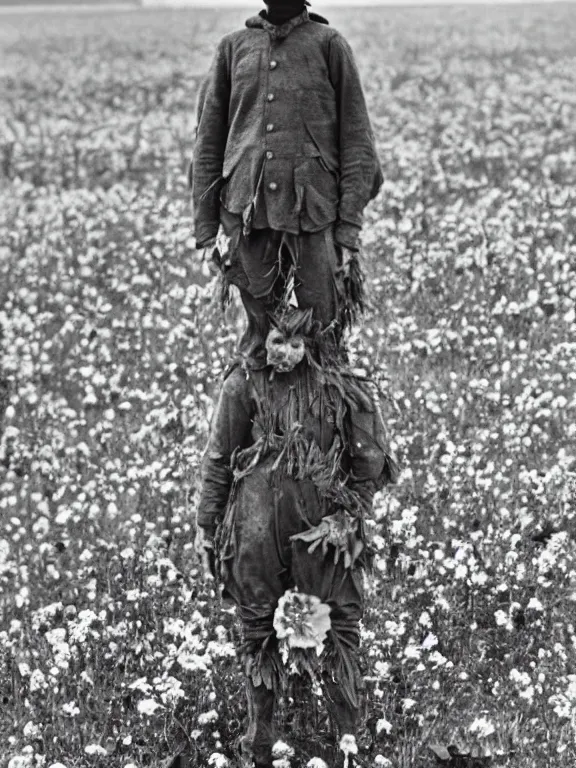 Image similar to human-like scarecrow wearing torn military clothes in beautiful meadow of flowers, ww1 photo, grainy, high detail, high resolution,