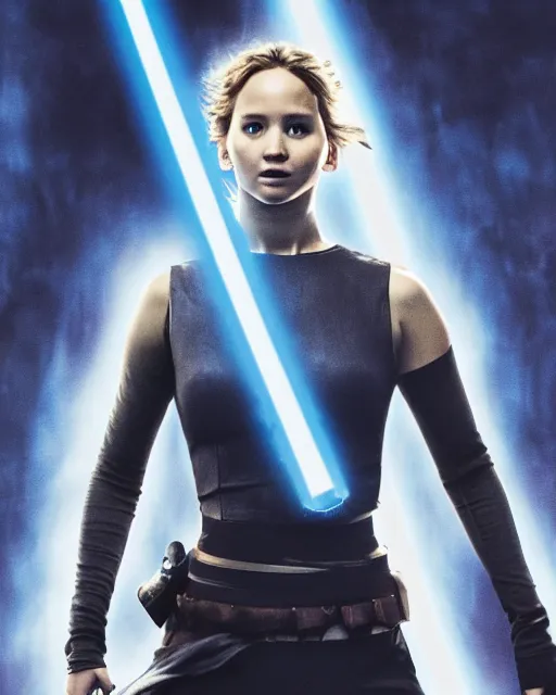 Image similar to jennifer lawrence as a jedi with ripped and damaged clothes holding a blue lightsaber in her hands, very dark background, official new star wars episode xi movie poster from lucas arts, perfect symmetrical face, moody lighting, 8 k, shallow depth of field, intricate detail,