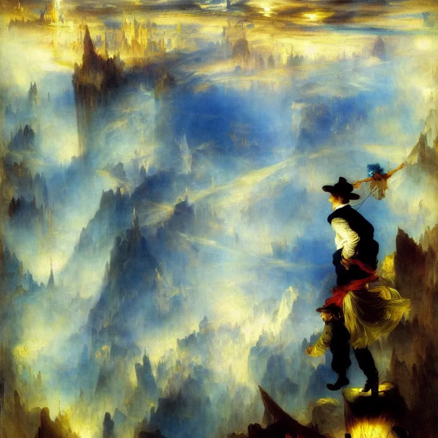 Prompt: tightrope artist ( funambule ) walking among the clouds above a city of mirrors. painted by thomas moran. blue and indigo color scheme.