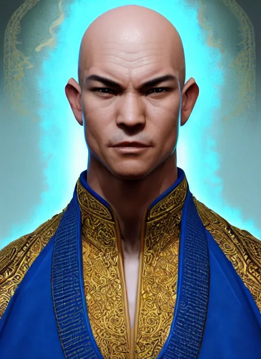 Image similar to male martial artist with a shaved head and a high ponytail!!! asian facial features and blue eyes!! intricate ornate blue robes!! character concept art, sharp focus, octane render! unreal engine 5! highly rendered!! trending on artstation!! detailed linework!! illustration by artgerm, wlop, and chie yoshii