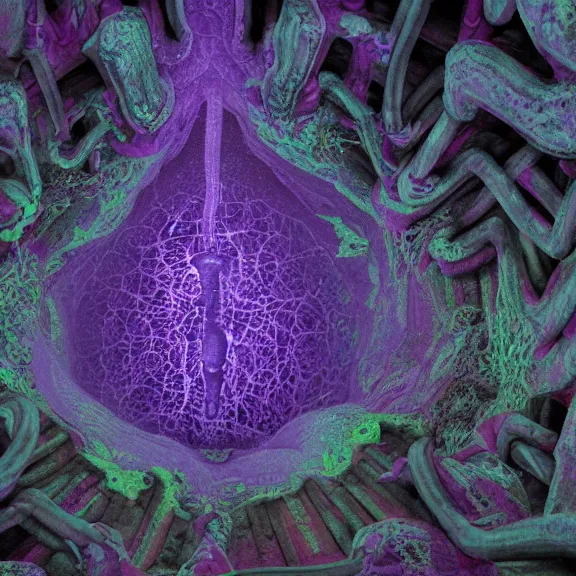 Image similar to detailed shot of inside a cavernous living stomach of a giant goddess, the walls purple and pulsing, lots of acid pooling up on the floor, digesting and dissolving a human that ended up inside, food pov, micro pov, vore, digital art, furry art, high quality, 8k 3D realistic, macro art, micro art, Furaffinity, Deviantart, Eka's Portal, G6