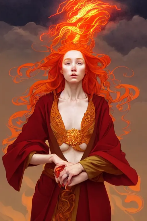 Image similar to a beautiful fire bender mage girl holding a fireball, ginger hair with freckles, wearing long flowing red robes inspired by alphonse mucha, standing on a mountain top with epic clouds and godlike lighting, intricate illustration and highly detailed digital painting. concept art by artgerm. inspired by brom art and larry elmore.