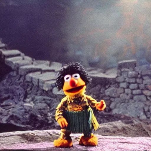 Prompt: “film still of Bert from Sesame Street throwing the one ring into Mount Doom, directed by Peter Jackson”