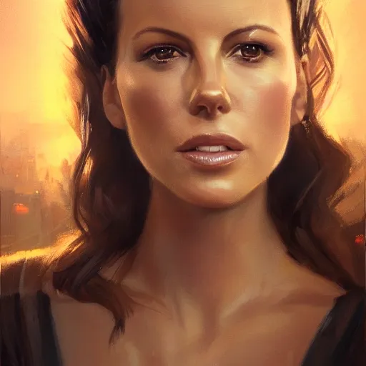 Image similar to closeup portrait of a kate beckinsale, seductive smile, chiaroscuro, city background, golden hour, dramatic lighting, complementary contrast, high detail, painted by greg rutkowski, painted by igor kieryluk, trending on artstation