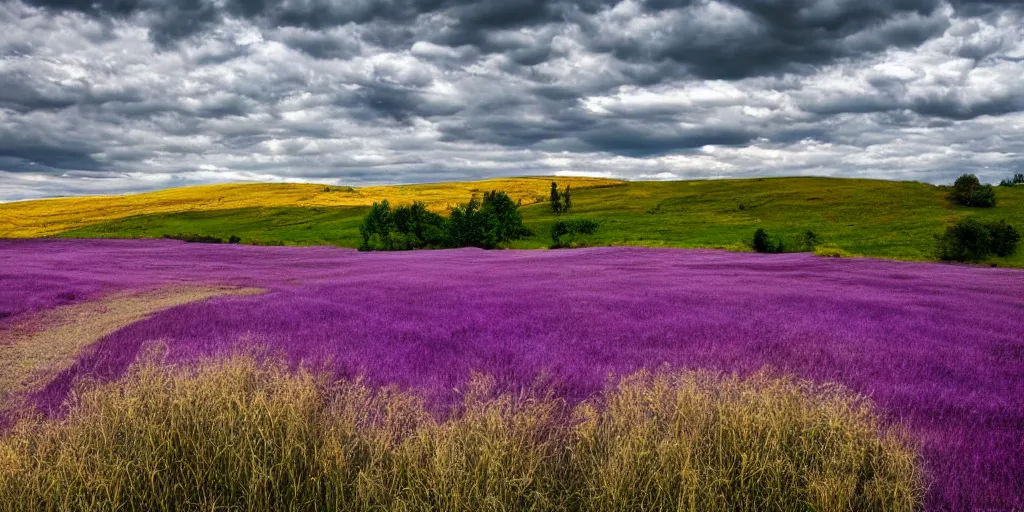 Prompt: landscape photo of tansy tall grass field on foot of purple hills by William Garnett, wide-angle lens, 4k, detailed